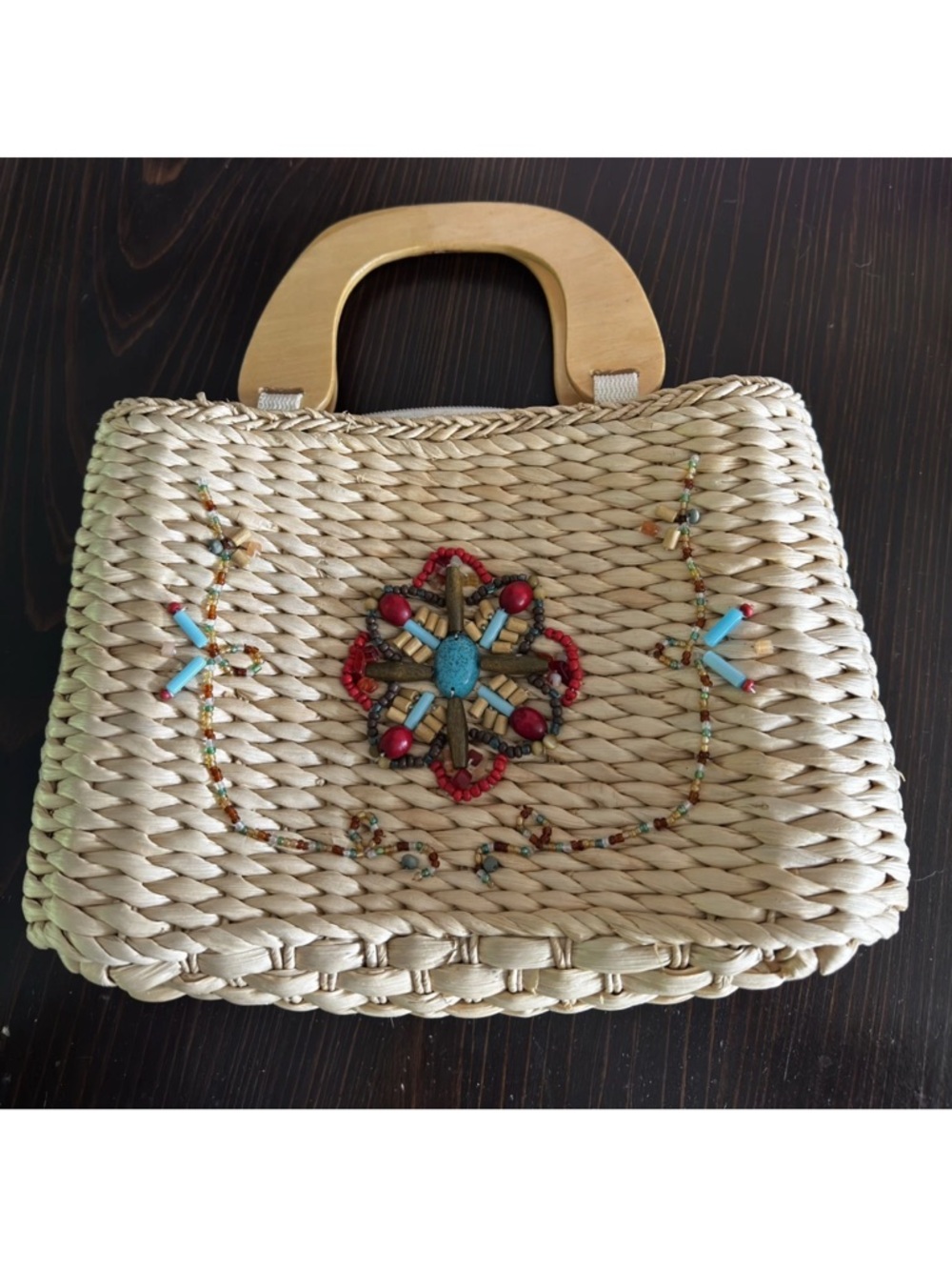 Woven Straw Handbag with Turquoise & Red Bead Embellishment